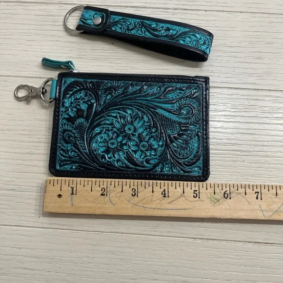 Unique Leather Card Wristlet Turquoise & Black Tooled Leather - Picture 6 of 8